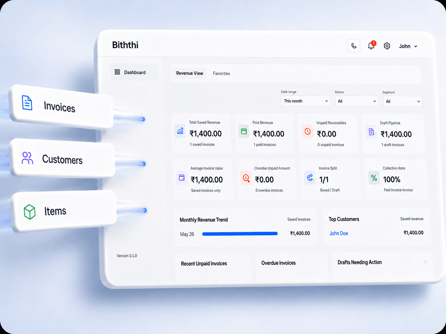 Illustration of the Biththi invoicing workspace showing billing, reporting, and customer management.